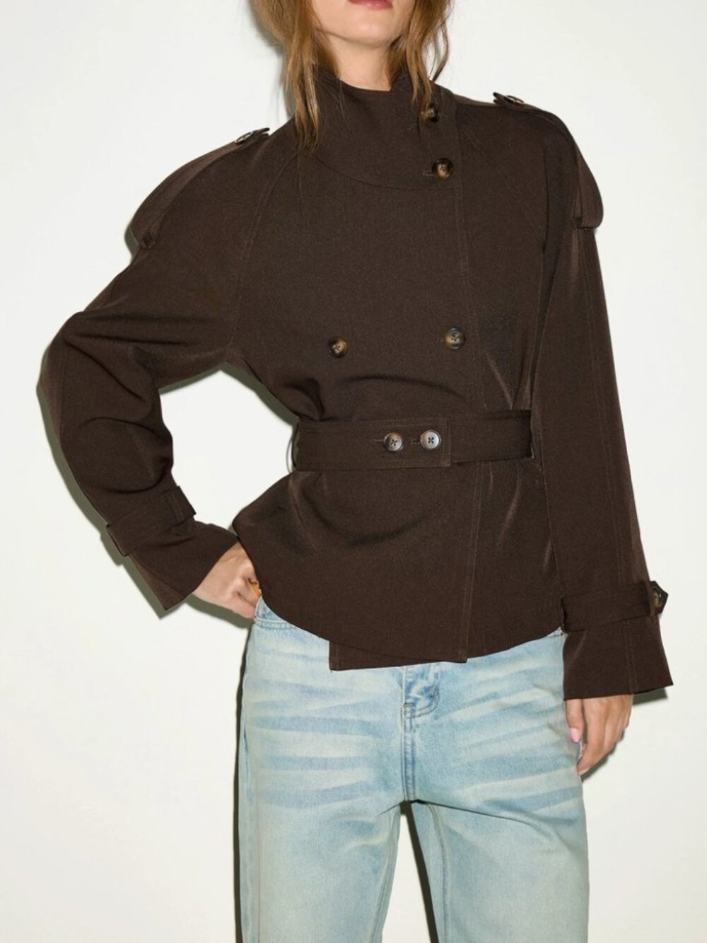 Brown Belted Double Breasted Epaulette Short Cropped Trench Coat Jacket